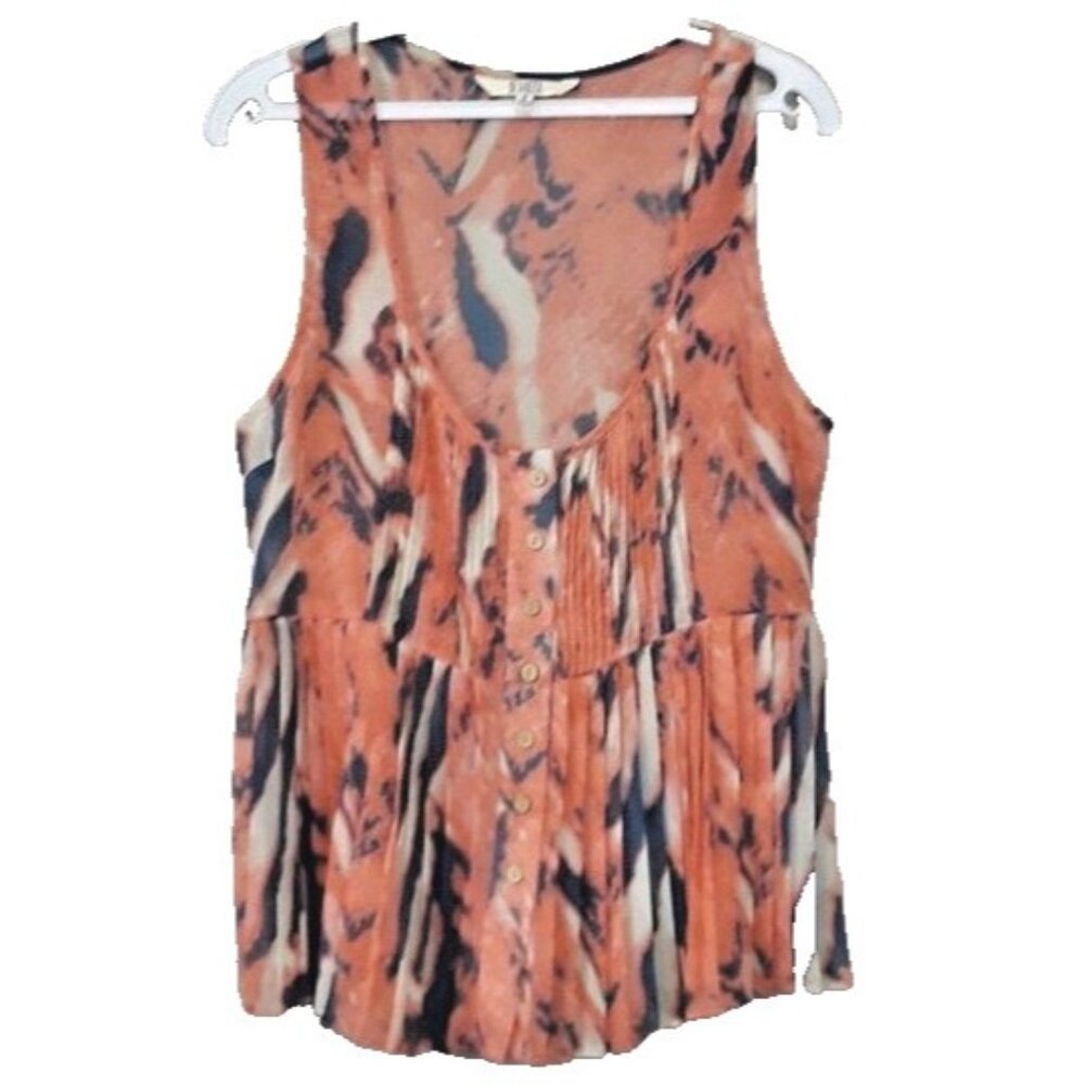 Bb Dakota Womens BOHO Babydoll Tank Top Small Orange Abstract Button Up Pleated‎